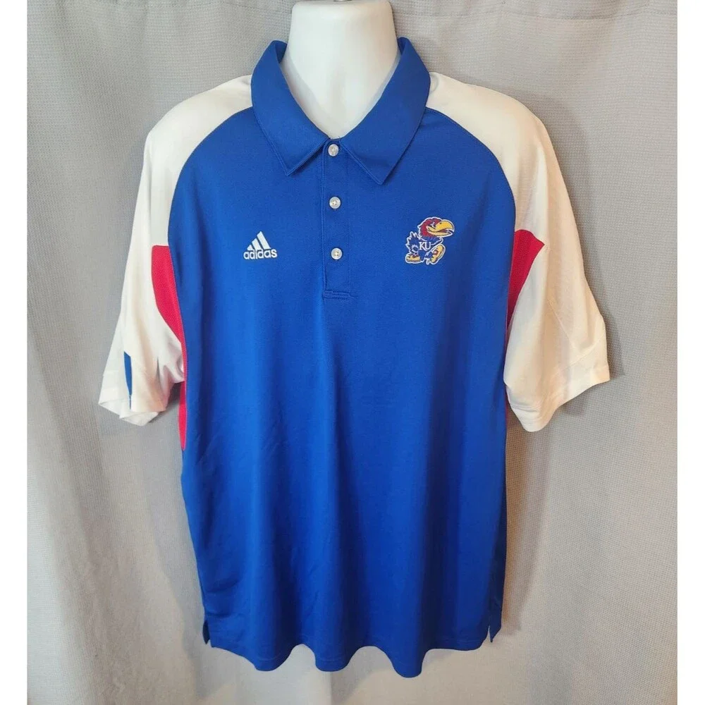 Adidas Kansas Jayhawks Polo Shirt ClimaCool‎ Polyester Mens XL Blue White Red